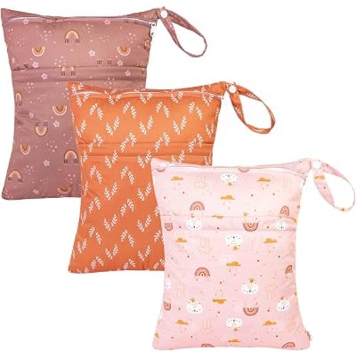 babygoal Wet Dry Bags for Baby Cloth Diapers, Washable Travel Bags, Beach, Pool, Gym Bag for Swimsuits & Wet Clothes with Two Zippered Pockets 3 Pack, 3LN15