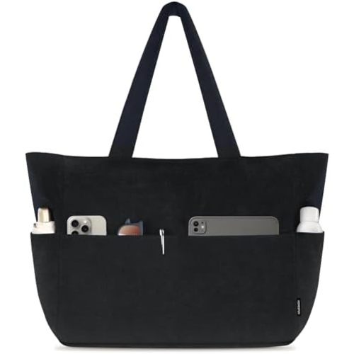 HOMESPON Large Corduroy Tote Bag for Women Everyday Shoulder Bag with Pockets and Zipper for Work Travel Vacation