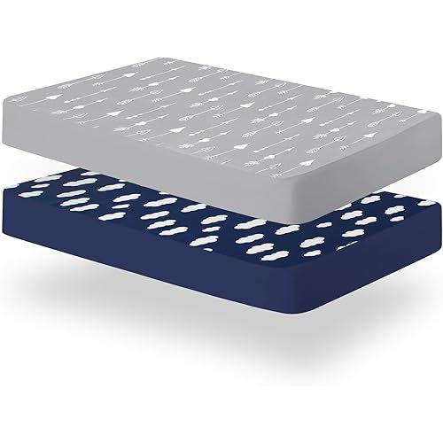 Biloban Baby Crib Sheet 2 Pack (28 x 52in), Ultra Soft Crib Sheets Fitted for Standard Crib Mattress, Crib Sheet Set for Boys or Girls, Machine Washable, Microfiber, Gray Arrow and Navy Blue