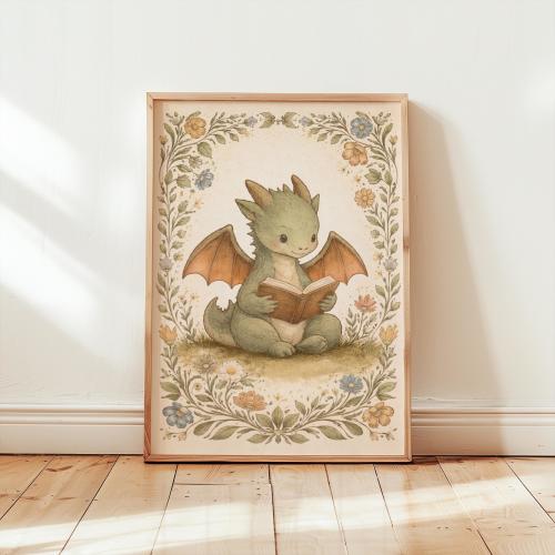 Reading Dragon Nursery Wall Art, Whimsical Forest Decor, Magical Library Print, Storybook Dragon Illustration, Kids Room Book Lover Art