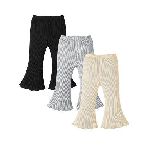 3 Pack Baby Girl Pants: Infant Solid Ribbed Flare Pants Cotton Pull On Bottoms Leggings for Toddler 0-24 Months