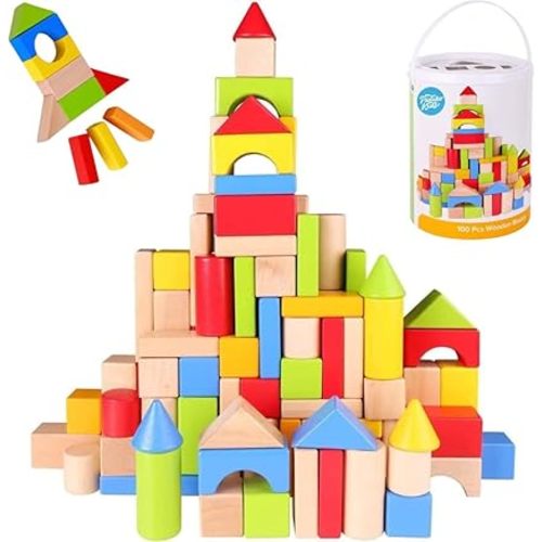 Pidoko Kids Building Blocks for Toddlers 1-3, 100 Pcs Wooden Blocks - Includes Storage Bucket and Shape Sorter Lid - Montessori Wood Block Gifts For Preschool Boys & Girls