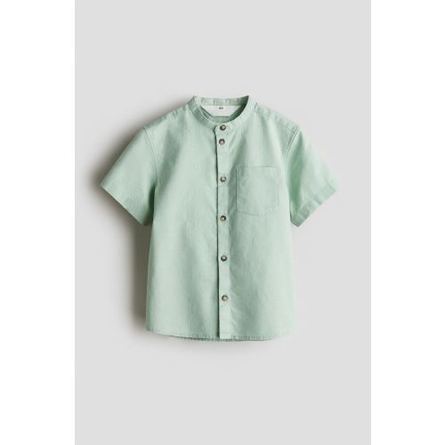 LINEN-BLEND BAND COLLAR SHIRT