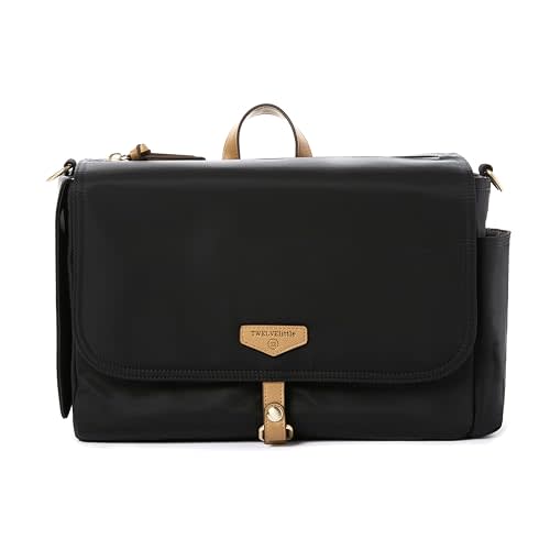 TWELVElittle On-The-Go Stroller Caddy 3.0 - Travel Style Diaper Bag, Messenger Diaper Bag, Includes Stroller Clips and Changing Pad - Black Tan