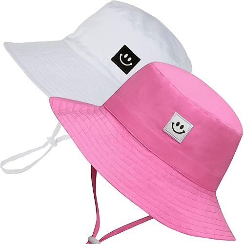 55cube Baby Sun Hat 6-24 Months, UPF 50+ Infant Toddler Bucket Hat with Adjustable Chin Strap, Wide Brim Beach Play Cap, Pink/White, 2 Pack