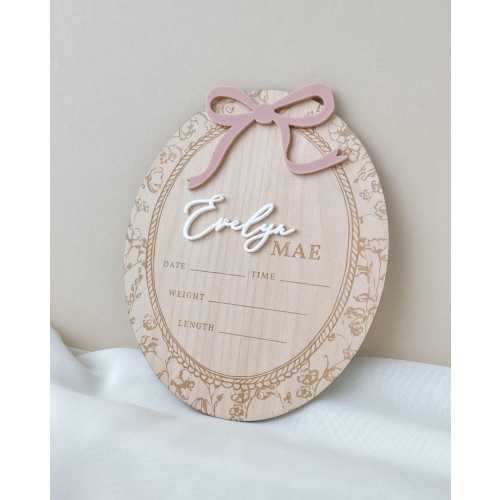 Girl Birth Name Sign Bow Hospital Announcement for Baby Girl Floral Birth Announcement Vintage Style Name Sign Announcement Plaque with Bow