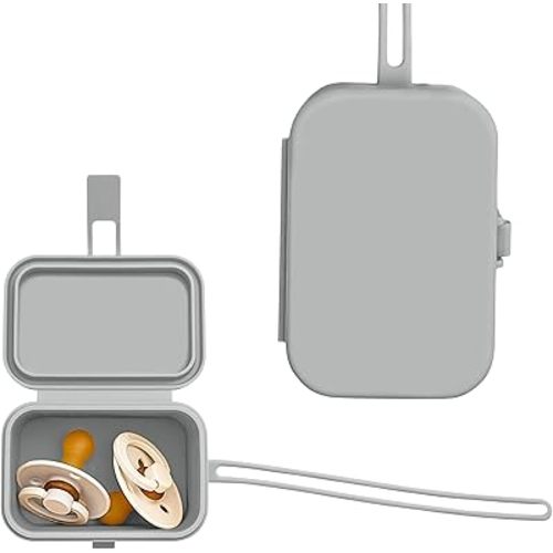 Baby's Aid Silicone Pacifier Case, No Open Slot with Patented Closure, Dishwasher Safe, Attaches to Diaper Bag or Stroller, Holds 2 Pacifiers, (Grey)