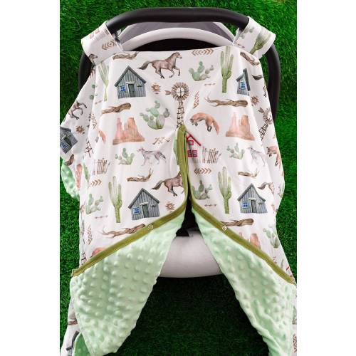Windmill, Old Farm, Horse, Animal, Cactus, Western, Rodeo, Minky Baby Boy Car Seat Cover