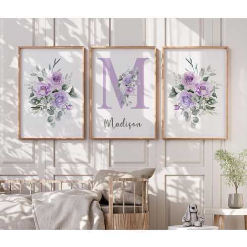 Personalized Purple Floral Baby Girls Nursery Bedroom Wall Art Decor, Custom Letter Initial Baby Name Wall Art Prints