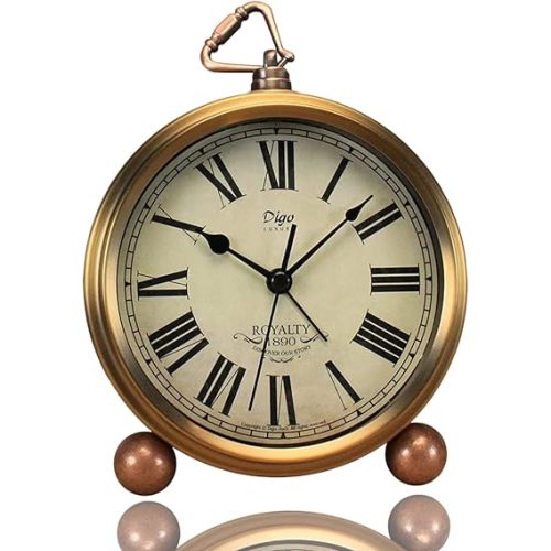 Justup Golden Table Clock, Retro Vintage Non-Ticking Table Desk Alarm Clock Battery Operated Silent Quartz Movement HD Glass for Bedroom Living Room Indoor Decoration Kids (Roman)