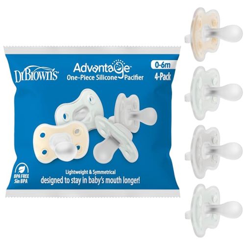 Dr. Brown's Advantage One-Piece Silicone Baby Pacifier, 0-6m, 4-Pack