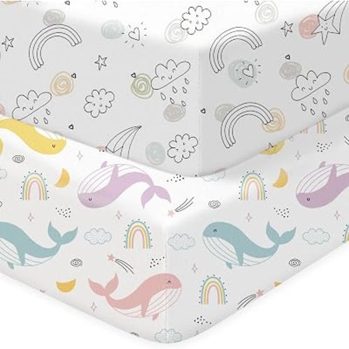 Baby Crib Sheets 2 Pack for Boys and Girls Fit for Standard Crib Toddler Mattress Breathable Soft Microfiber Baby Sheet 28x52x8in (Rainbow Lines & Colorful Whale)