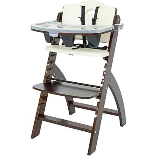 Abiie Beyond Junior Wooden High Chair with Tray - Adjustable and Convertible High Chair for Babies and Toddlers - 6 Months to 250 Lb - Water Resistant - Mahogany Wood/White Cushion