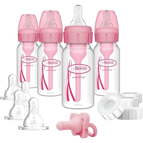 Dr. Brown's Options+ Slow Flow Preemie and Newborn Anti-Colic Bottle Set with 4oz Bottles and HappyPaci - Pink