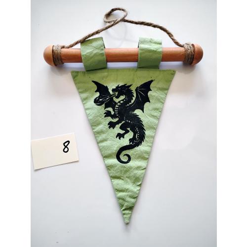 Medieval Heraldic Green Banner – Raven, Black Cat & Dragon
