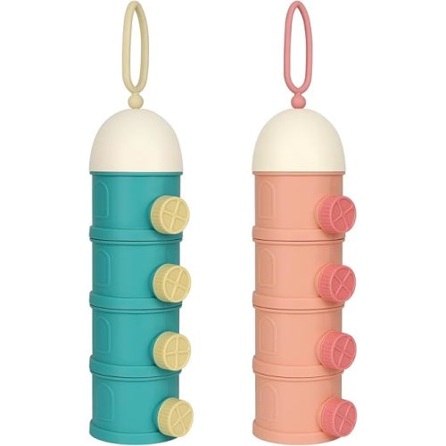 Accmor Formula Dispenser On The Go, 4 Layers Stackable Formula Container to Go, Non-Spill Portable Milk Powder Baby & Kids Snack Container, Green Pink