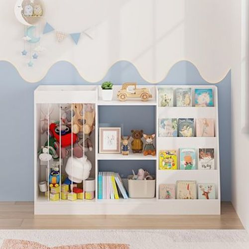 GDFStudio Brielle 3-in-1 Kids Bookshelf and Toy Storage Organizer with Sling Book Rack and Plush Storage, White