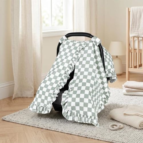 DILIMI Car Seat Covers for Babies, Muslin Cotton Ruffled Baby Car Seat Cover with Peekaboo Opening, Minky Infant Car Seat Canopy for Boys Girls Newborn, Green Plaid