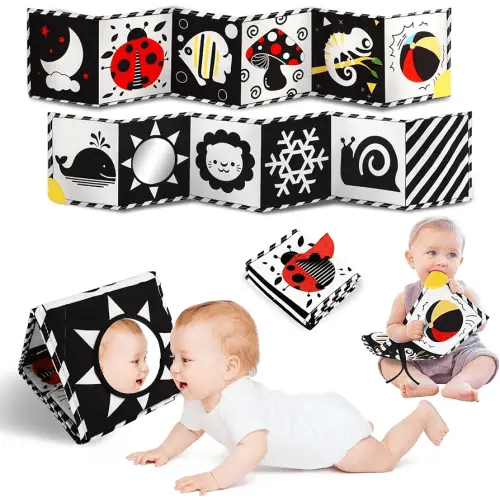 Tummy Time Toys, High Contrast Baby Book with Mirror & Teether, Black and White Infant Books, 0-6-12 Months Soft Book for Newborn, Sensory Books, Tummy Time Car Seat Toys 0-6 Month Boy Girl Gift