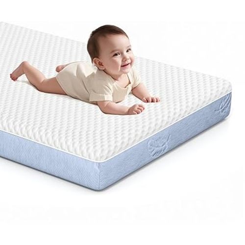 Dual-Sided Comfort Baby and Toddler Crib Mattress with Cool Gel Memory Foam, Triple-Layer Breathable Premium Baby-Mattress for Infant and Toddler with Removable Outer Cover -White&Blue