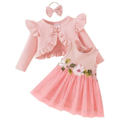 OBEEII Floral Girls Dress Infant Toddle Girl Clothes Sleeveless Dressy Dresses and Long Sleeve Cardigan Outfits Set, Pink Size 3M-3T