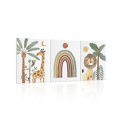 Boho Animal Nursery Wall Art: Safari Animal Prints for Kids' Room, Baby Nursery Decor for Boy Girl, 3 Pieces Giraffe Lion Parrot Rainbow Picture Bedroom Decoration 12" x 16"