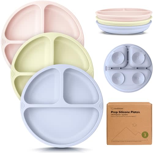 KeaBabies Suction Plates for Baby, Toddler, 3-Pack, 100% Silicone (Rain) | Silicone Toddler Plates with Suction, Divided, Kids Baby Led Weaning Essentials, Dishwasher Safe, Microwave Safe, BPA-Free