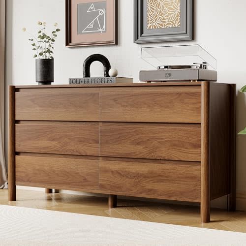HOUROM Walnut Dresser for Bedroom,47"Wide 6 Drawer Mid Century Modern Chest | 47 inch wide dresser with 6 spacious drawers,solid wood legs and concealed handles.Large walnut storage design for bedrooms