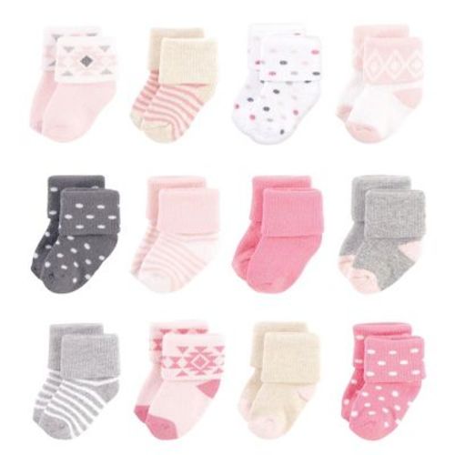 Hudson Baby Basics Infant Baby Cozy Terry Baby Sock 12-Pack, Rose Desert Geo, 0-6 Months