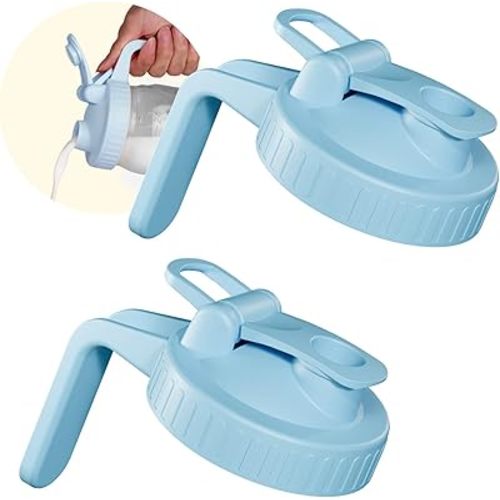 2 Pack Wide Mouth Mason Jar Lids with Leak-Proof Seal, Mason Jar Pour Spout Lid with Flip Cap and Handle, Plastic Canning Lids for Milk, Salad, Dressing, Drinking Storage Bottle, Blue