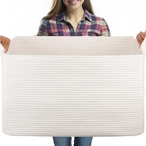 OIASKET 95L Extra Large Blanket Basket, 24" x 16.9" x 14.2" Woven Storage Basket for Living Room, Rectangle Nursery Blanket Storage for Toys, Towels, Dirty Clothes (White)