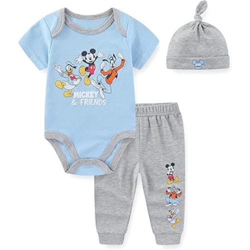 Disney Mickey Mouse Donald Duck Goofy Baby Boys Bodysuit Pants and Cap 3 Piece Outfit Set for Newborn Infant