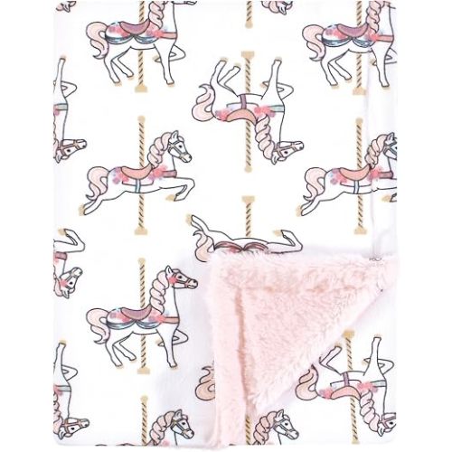 Hudson Baby Infant Girls Plush Blanket with Furry Binding and Back, Carousel Horse, One Size