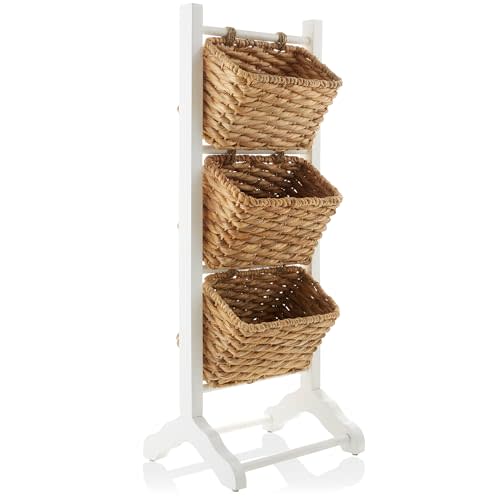 Casafield 3-Tier Floor Stand with Water Hyacinth Storage Baskets, White/Natural - Standing Organizer Rack for Bathroom, Kitchen, Laundry, Living Room