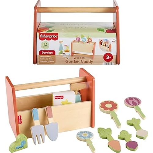 Fisher-Price Wood Pretend Play Toy Tiny Garden Caddy, 12-Piece Set with Wooden Tools & Plants for Preschool Kids Ages 3+ Years (Amazon Exclusive)