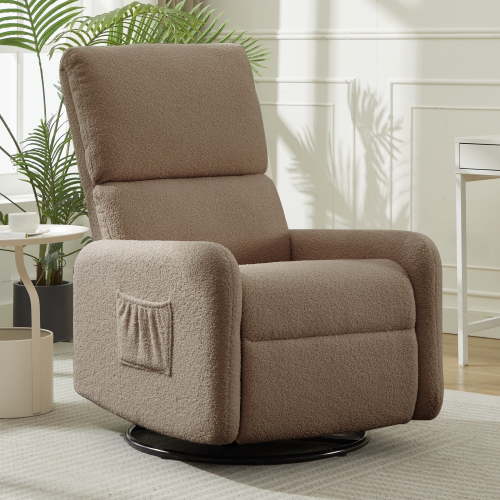 Korser 360 Swivel Glider Chair for Small Spaces, Sherpa with Side Pocket Rocking Chair for Living Room,Light Brown