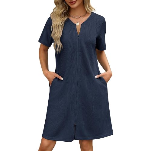 Ekouaer Women Zipper Robes Waffle Short Bathrobe Lightweight House Coat with Pockets Soft Nightgown S-3XL