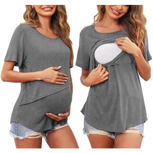 Ekouaer Women Short Sleeve Nursing Shirts Soft Maternity Tops Double Layer Breastfeeding Blouse Round Neck Pregnancy Clothes