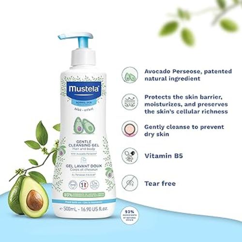 Amazon.com: Mustela Baby Gentle Cleansing Gel - Baby Hair & Body Wash - with Natural Avocado fortified with Vitamin B5 - Biodegradable Formula & Tear-Free â€“ 16.90 fl. oz. (Pack of 1) : Baby