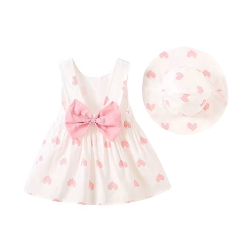QTOCIO Toddler Girls Dresses, Baby Girl Summer Clothes, Toddler Kids Baby Girls Fashion Cute Sleeveless Sweet Heart Print Bowknot Dress Hat Set, Pink, 12 Months