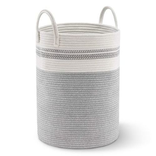 Cheer Collection Large Cotton Rope Laundry Hamper with Handles – Tall Woven Basket for Clothes, Toys, Blankets - 2 Tone Gray