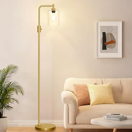 【Upgraded】Dimmable Gold Floor Lamp for Living Room with Clear Glass Lampshade, Glass Modern Floor Lamp with 900LM Edison Bulb Included, Standing Tall Lamp for Bedroom, Office, Reading Room, Corner