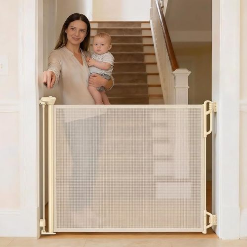 Retractable Safety Baby Mesh Gate - 55" Wide (Color: Cream)