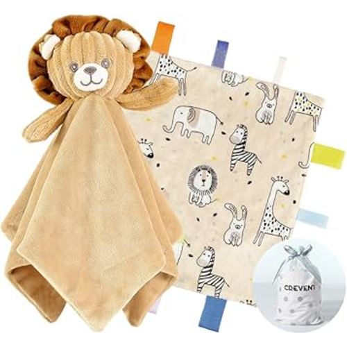 CREVENT Cozy Plush Baby Security Blanket, Loveys for Baby Girls and Boys, Birthday (Lion + Tag)