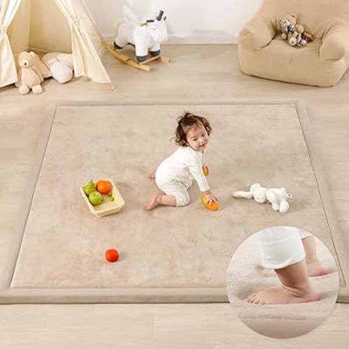 1.3" Thick Baby Floor Play Mat, 59x79 Padded Foam Tummy Time Crawling Mat, Non-Slip Water-Repellent Soft Plush Nursey Area Rug for Playroom Bedroom Living Room (Beige)