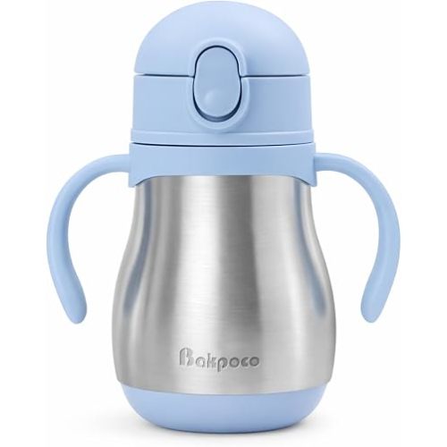 Stainless Steel Straw Sippy Cup for Toddlers 1-3 Years Old, Insulated Toddler Water Bottle Baby Training Tumbler with Handles, 8oz Kids Straw Cups for Travel, Daycare & At Home, Blue