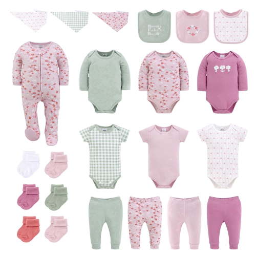 The Peanutshell Baby Girl Clothes, Cherry Blossom Check Baby Clothes Set, 0-3 Months, 23-Piece