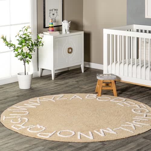 nuLOOM Kids Washable Round Alphabet Area Rug, 4' Round, Beige