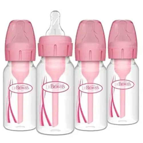 Dr. Brown's Natural Flow Anti-Colic Options+ Narrow Baby Bottle, 4 oz/120 mL, with Level 1 Slow Flow Nipple, Pink, 0m+, 4 Pack