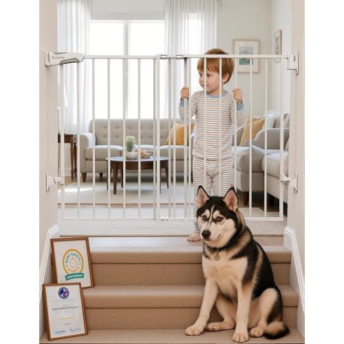Babelio Baby Gate for Stairs, Kitchen & Doorways, 26-43" W 28" H No Bottom Bar| Easy Installation| One-Handed Operation| Auto-Close| Hardware Mount (Drill Needed) Safety Dog/Pet Gate Indoor (White)